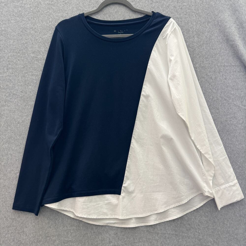 E.L.I. Peruvian Pima Cotton Colorblock Top Womens L Blue White Minimalist Office
